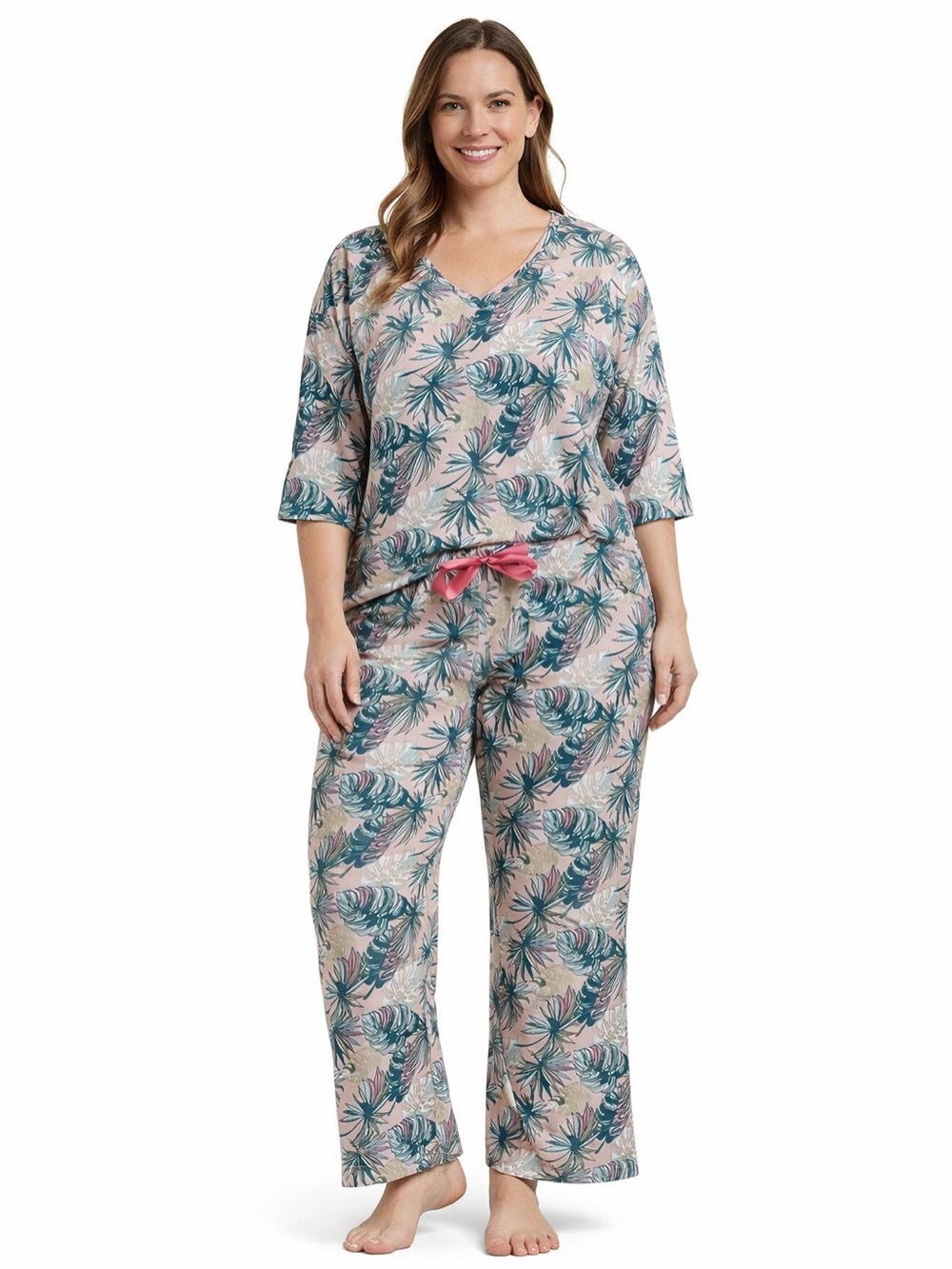 Breakfast In Bed Palm Tree Botanical Print Pajama Set Large NWT